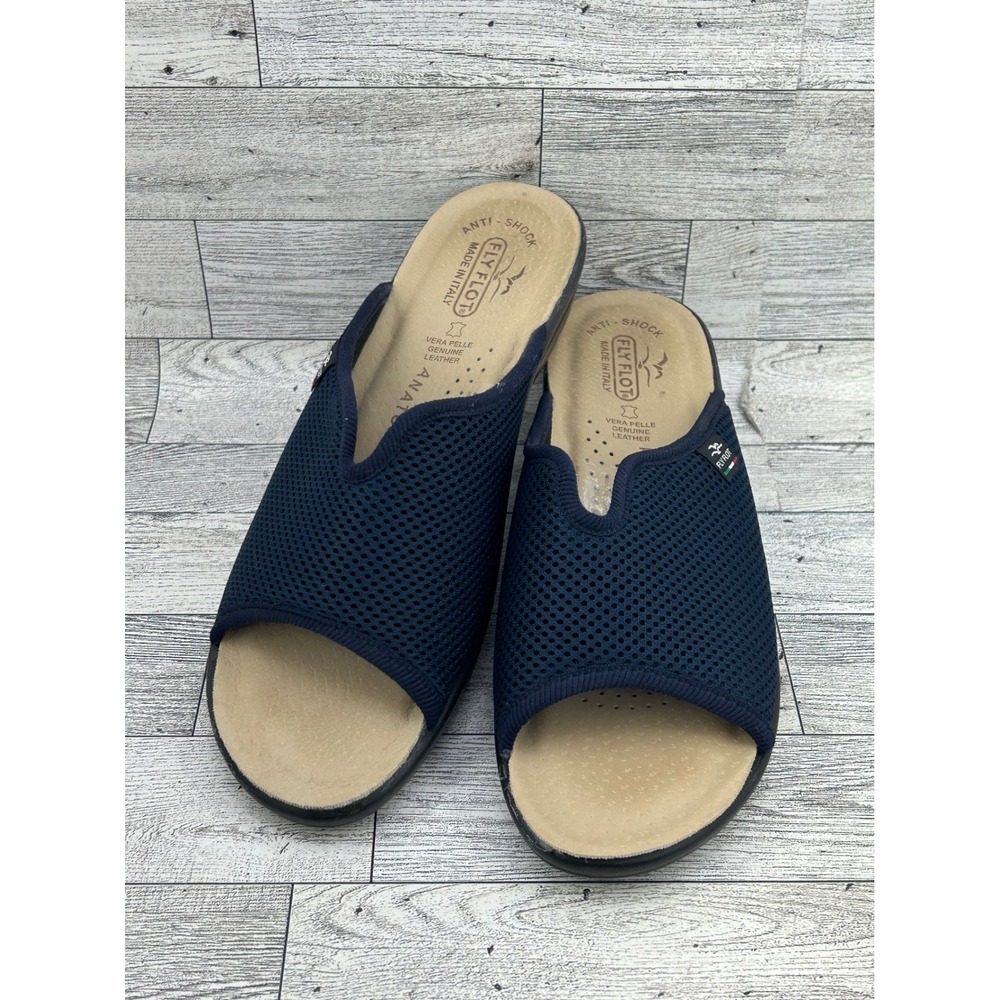 Fly Flot Navy Blue‎ Mesh Slide Sandals Anatomic Leather Insole Italy Women Sz 40